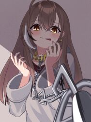 Rule 34 | 1girl, ahoge, animal collar, berry, blush, brown eyes, brown hair, brown hoodie, chain, collar, crossed bangs, earrings, fingernails, food-themed earrings, hands up, heart collar, highres, hololive, hololive english, hood, hoodie, jewelry, licking lips, long hair, looking at viewer, multicolored hair, nanashi mumei, nanashi mumei (casual), oversized clothes, pov, red shirt, shadow, shirt, shishi cc, streaked hair, sweater, tongue, tongue out, very long hair, virtual youtuber, white sweater, wide sleeves