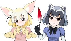 Rule 34 | 10s, animal ears, bad id, bad pixiv id, black hair, blush, bow, bowtie, brown eyes, collar, commentary request, common raccoon (kemono friends), feathers, fennec (kemono friends), fox ears, fur collar, kanimura ebio, kanimuraebio, kemono friends, puffy sleeves, raccoon ears, short hair, short sleeves, smile
