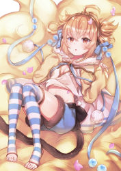 Rule 34 | 10s, 1girl, ahoge, akariko (akaringo), andira (granblue fantasy), blue ribbon, blue shorts, blush, breasts, brown eyes, brown hair, cleavage, erune, feet, full body, fur trim, granblue fantasy, hair ribbon, knees together feet apart, lying, midriff, monkey tail, navel, no shoes, on back, open mouth, petals, pom pom (clothes), ribbon, shirt, shorts, sleeves past wrists, solo, striped clothes, striped thighhighs, tail, thighhighs, toeless legwear, toes