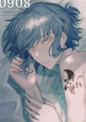 Rule 34 | 1boy, arm tattoo, blue hair, closed mouth, expressionless, half updo, highres, light blue hair, looking at viewer, looking to the side, lying, mahoutsukai no yakusoku, male focus, nero turner, on side, piza-chan, short ponytail, solo, tattoo, yellow eyes