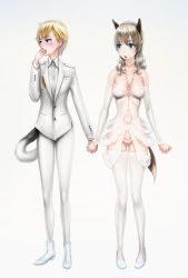 Rule 34 | 10s, 2girls, animal ears, blonde hair, blood, blue eyes, blush, brave witches, dress, eila ilmatar juutilainen, formal, highres, holding hands, jewelry, multiple girls, necklace, nikka edvardine katajainen, nosebleed, pant suit, pants, pantyhose, revealing clothes, short hair, strike witches, suit, tail, takai, thighhighs, wedding, wedding dress, white legwear, wife and wife, world witches series, yuri