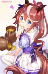 Rule 34 | 1girl, :p, animal ears, arm support, between legs, blouse, blue eyes, blue shirt, blush, bow, brown hair, closed mouth, commentary request, food, food on face, fujima takuya, hair ornament, hair ribbon, hand between legs, heart, honey, horse ears, horse girl, horse tail, long hair, multicolored hair, pink ribbon, pleated skirt, ponytail, puffy short sleeves, puffy sleeves, purple bow, purple shirt, ribbon, shirt, short sleeves, sitting, skirt, smile, solo, streaked hair, tail, thighhighs, tokai teio (umamusume), tongue, tongue out, twitter username, umamusume, very long hair, wariza, white hair, white skirt, white thighhighs
