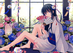 Rule 34 | 1girl, anklet, anko kinako, arm at side, bare legs, barefoot, black hair, blue eyes, blue nails, blunt bangs, closed mouth, floral print, flower, folding fan, from side, hair flower, hair ornament, hair ribbon, hand fan, hydrangea, indoors, japanese clothes, jewelry, kimono, lantern, leaf, long hair, long sleeves, looking at viewer, looking to the side, md5 mismatch, nail polish, original, pink lips, plant, potted plant, red ribbon, ribbon, sash, short kimono, sitting, smile, solo, striped clothes, striped kimono, tassel, toenail polish, toenails, transparent, very long hair, white flower, wide sleeves, wind chime, window