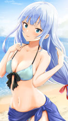 Rule 34 | 1girl, aqua bikini, bare arms, bare shoulders, beach, bikini, black bow, blue eyes, blue sarong, blue sky, blunt bangs, blush, bow, bow bikini, breasts, cleavage, cloud, collarbone, commentary, cowboy shot, day, front-tie bikini top, front-tie top, grey hair, hair ribbon, halterneck, hands up, highres, horizon, idolmaster, idolmaster million live!, idolmaster million live! theater days, light particles, long hair, looking at viewer, low-tied long hair, medium breasts, nagmilk, navel, ocean, outdoors, parted lips, red ribbon, ribbon, sarong, shiraishi tsumugi, sidelocks, sky, smile, solo, sparkle, standing, stomach, swimsuit, water drop, wet, wet hair