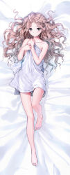 Rule 34 | 1girl, absurdres, bare legs, bare shoulders, barefoot, bed sheet, blue reflection, blue reflection (series), brown hair, closed mouth, covering privates, curly hair, dakimakura (medium), flat chest, full body, grey eyes, hair ornament, hairclip, highres, kishida mel, leg up, long hair, looking at viewer, lying, naked sheet, nude cover, on back, parted bangs, scan, shijou raimu, solo