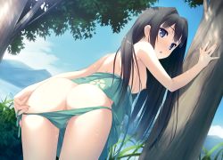 Rule 34 | 1girl, :o, absurdres, against tree, ass, ayase sayuki, bare shoulders, bent over, bikini, bikini pull, black hair, blue eyes, blue sky, blush, breasts, bush, butt crack, clothes pull, cloud, cloudy sky, day, embarrassed, grass, green bikini, hair intakes, highres, kantoku, leaf, long hair, looking at viewer, medium breasts, mountain, nipples, non-web source, nose blush, official art, open mouth, outdoors, photoshop (medium), puffy nipples, pussy juice, side-tie bikini bottom, sidelocks, sky, solo, swimsuit, thighs, top pull, tree, untied, untying, very long hair, your diary