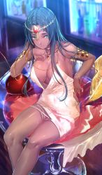 Rule 34 | 1girl, akasaai, black hair, breasts, cup, dark-skinned female, dark skin, drinking glass, facial mark, fate/grand order, fate (series), food, fruit, green eyes, large breasts, lemon, long hair, looking at viewer, official art, oversized food, oversized object, parted bangs, scheherazade (fate), solo, thick thighs, thighs