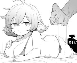 Rule 34 | 1girl, antenna hair, ass, bare arms, bare shoulders, bikini, bottle, breast press, breast suppress, breasts, butt crack, cleavage, closed mouth, collarbone, dot mouth, expressionless, fingernails, full body, greyscale, inarou (rakugakiproject), large breasts, looking to the side, lying, monochrome, oil, on stomach, original, out of frame, plump, pointy ears, short hair, shortstack, simple background, skindentation, strap gap, string bikini, swimsuit, thighs, white background