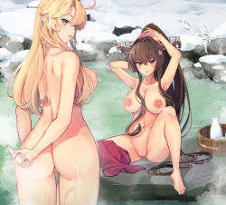 Rule 34 | 2girls, ass, blonde hair, blue eyes, bottle, breasts, brown hair, cherry blossoms, choko (cup), cloud, cloudy sky, completely nude, convenient censoring, cup, from behind, headgear, highres, himeyamato, iowa (kancolle), kantai collection, large breasts, long hair, multiple girls, navel, nipples, nude, onsen, ponytail, pussy, rock, sake bottle, sky, snow, soap bubbles, star-shaped pupils, star (symbol), symbol-shaped pupils, towel, uncensored, yamato (kancolle)