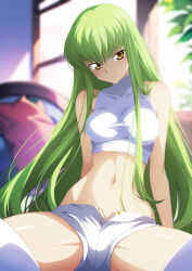 Rule 34 | 1girl, bare shoulders, breasts, c.c., code geass, green hair, highres, long hair, looking at viewer, medium breasts, midriff, navel, shorts, sitting, solo, spread legs, thighhighs, white thighhighs, yellow eyes, yu-ta
