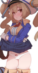 Rule 34 | 1girl, ascot, bad id, bad twitter id, blonde hair, blue jacket, blue skirt, blush, boots, bow, bow panties, brown eyes, clothes lift, cowboy shot, gloves, hair through headwear, hat, highres, jacket, lifting own clothes, long hair, long sleeves, looking at viewer, megido72, panties, parted lips, pleated skirt, red ascot, red bow, shirt, skirt, skirt lift, solo, standing, striped clothes, striped shirt, sumiyao (amam), thigh boots, thighhighs, twintails, underwear, vepar (megido72), white gloves, white hat, white panties