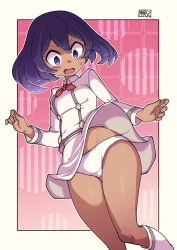 Rule 34 | 1girl, blush, border, bow, bow panties, buttons, chichibu (watson), clothes lift, commentary request, creatures (company), dark-skinned female, dark skin, eyelashes, game freak, highres, kneehighs, knees, long sleeves, looking down, matching hair/eyes, neck ribbon, nintendo, open mouth, outside border, panties, pokemon, pokemon xy, purple eyes, purple hair, red ribbon, ribbon, shirt, signature, sina (pokemon), skirt, skirt lift, socks, solo, underwear, white border, white panties, white shirt, white skirt, white socks, wind, wind lift