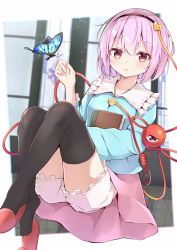 Rule 34 | 1girl, absurdres, arm up, black thighhighs, bloomers, blue shirt, blurry, blurry background, book, hugging book, bug, butterfly, commentary request, floating, frilled shirt collar, frills, hair between eyes, hair ornament, hairband, heart, heart hair ornament, highres, holding, holding book, insect, iyo (ya na kanji), knees up, komeiji satori, long sleeves, looking at viewer, hugging object, parted lips, pink hair, pink skirt, red eyes, red footwear, shirt, unworn shoe, shoes, short hair, single shoe, single slipper, sitting, skirt, slippers, unworn slippers, solo, thighhighs, third eye, touhou, underwear, window