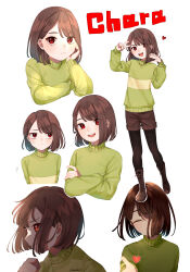 Rule 34 | 1other, ake blood, artist name, black pantyhose, blush, boots, brown footwear, brown hair, brown shorts, chara (undertale), character name, clenched hand, closed eyes, closed mouth, commentary request, crossed arms, full body, green sweater, hand on own face, hand up, heart, highres, long sleeves, looking at viewer, looking to the side, open mouth, pantyhose, red eyes, short hair, shorts, simple background, single stripe, smile, solo, standing, striped clothes, striped sweater, sweatdrop, sweater, teeth, tongue, turtleneck, turtleneck sweater, undertale, upper body, v, v-shaped eyebrows, white background