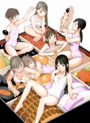 Rule 34 | 6+girls, alternate color school swimsuit, beans, bento, black hair, breasts, brown hair, bust cup, carrot, cleavage, collarbone, egg (food), egg yolk, finger in own mouth, fish (food), flower, food, food on hand, food on head, fried egg, glasses, half-closed eyes, hand under clothes, ikura (food), in food, large breasts, leaning on person, lotus, low ponytail, medium breasts, mini person, minigirl, multiple girls, object on head, one-piece swimsuit, one eye closed, open mouth, original, oversized food, oversized object, pink one-piece swimsuit, plantar flexion, prank, roe, school swimsuit, semi-rimless eyewear, short hair, sitting, small breasts, smile, sweatdrop, swimsuit, textless version, under-rim eyewear, vegetable, white background, white one-piece swimsuit, white school swimsuit, yug (ekaki)