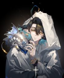 Rule 34 | 1boy, arknights, black background, black hair, blue hair, bracelet, cloak, commentary, creature, creature on shoulder, cross, dongsheng, dorsal fin, earrings, hair between eyes, highres, jewelry, lumen (arknights), multicolored hair, on shoulder, parted lips, pointy ears, ring, simple background, smile, two-tone hair, upper body, white cloak, yellow eyes