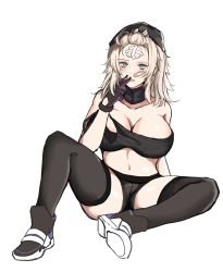 Rule 34 | 1girl, aa-12 (girls&#039; frontline), absurdres, aqua eyes, bad id, bad pixiv id, black gloves, black headwear, black shirt, black shorts, black thighhighs, blonde hair, blush, breasts, candy, cigarette, cleavage, clothes pull, collarbone, food, girls&#039; frontline, gloves, highres, holding, holding candy, holding cigarette, holding food, holding lollipop, large breasts, lollipop, long hair, looking at viewer, loveu, on floor, open mouth, patch, shirt, shirt pull, shorts, sitting, solo, thighhighs, white background
