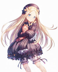 Rule 34 | 1girl, abigail williams (fate), artist name, black bow, black dress, black hat, blonde hair, bloomers, blue eyes, bow, bug, butterfly, closed mouth, dress, embers, fate/grand order, fate (series), hands in opposite sleeves, hat, hugging object, insect, long hair, long sleeves, looking at viewer, orange bow, parted bangs, polka dot, polka dot bow, roang, simple background, solo, stuffed animal, stuffed toy, teddy bear, underwear, very long hair, white background, white bloomers