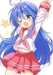Rule 34 | 1girl, ;d, ahoge, arm behind head, arm up, blue hair, blush, commentary request, cowboy shot, floating hair, green eyes, hair between eyes, highres, izumi konata, long hair, long sleeves, looking at viewer, lucky star, miniskirt, mole, mole under eye, nanami ayane (kusunoki5050), navel, neckerchief, one eye closed, open mouth, pleated skirt, red neckerchief, red sailor collar, red skirt, ryouou school uniform, sailor collar, school uniform, serafuku, shirt, sidelocks, simple background, skirt, smile, solo, standing, star (symbol), thighs, very long hair, white background, white shirt