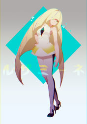 Rule 34 | 10s, 1girl, bare arms, blonde hair, breasts, character name, chromatic aberration, creatures (company), diamond (shape), dress, full body, game freak, gradient background, green eyes, hair over one eye, hand on own hip, high heels, long hair, looking at viewer, lusamine (pokemon), medium breasts, multicolored hair, nintendo, pantyhose, pokemon, pokemon sm, purple hair, short dress, sleeveless, sleeveless dress, smile, solo, sparkle, standing, streaked hair, very long hair, vienri, white dress