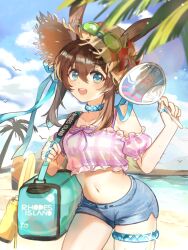 Rule 34 | 1girl, :d, amiya (arknights), animal, animal ear fluff, arknights, bag, bare shoulders, bird, blue eyes, blue shorts, blue sky, blush, breasts, brown hair, brown hat, cloud, cloudy sky, commentary request, day, denim, detached sleeves, ears through headwear, flower, frilled shirt, frills, glint, goggles, goggles on headwear, hair between eyes, hand fan, hand up, hat, hat flower, highres, holding, holding fan, jewelry, looking at viewer, medium breasts, navel, nininini78074, open mouth, outdoors, palm tree, paper fan, plaid, plaid shirt, plaid sleeves, puffy short sleeves, puffy sleeves, rabbit tail, red flower, ring, shirt, short shorts, short sleeves, shorts, sidelocks, sky, smile, solo, straw hat, tail, teeth, tree, uchiwa, upper teeth only, white shirt