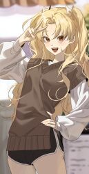 Rule 34 | 1girl, alternate costume, black shorts, blonde hair, blurry, blurry background, brown sweater, casual, commentary request, ereshkigal (fate), fate/grand order, fate (series), forehead, hair ribbon, hand on own hip, highres, long hair, long sleeves, looking at viewer, micro shorts, open mouth, parted bangs, piyo (kyyla), red eyes, ribbon, shirt, shorts, smile, solo, sweater, teeth, two side up, upper teeth only, v, white shirt