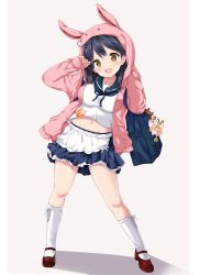 Rule 34 | 10s, 1girl, ahoge, animal ears, animal hood, apron, bad id, bad pixiv id, bag, bell, black hair, blue skirt, breasts, brown eyes, character doll, collarbone, contrapposto, cosplay, crab, frilled skirt, frills, full body, highres, hood, hood up, hoodie, jingle bell, kantai collection, kemono friends, kneehighs, long hair, long sleeves, looking at viewer, mary janes, medium breasts, miniskirt, navel, nijimotohiro k, open clothes, open hoodie, pleated skirt, plump, rabbit hood, red footwear, remodel (kantai collection), sazanami (kancolle), sazanami (kancolle) (cosplay), sazanami kai (kancolle), school bag, serval (kemono friends), shiny skin, shirt, shoes, skirt, sleeves past wrists, socks, solo, standing, stomach, tareme, ushio (kancolle), waist apron, white apron, white shirt, white socks