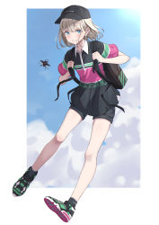 Rule 34 | 1girl, absurdres, backpack, bag, bare legs, baseball cap, beetle, black hat, black shirt, black shorts, blue eyes, blush, border, bug, clothes writing, collarbone, commentary request, earrings, full body, grin, hair between eyes, hands up, hat, highres, holding strap, idolmaster, idolmaster shiny colors, insect, jewelry, light brown hair, looking at viewer, serizawa asahi, shirt, shoes, short hair, short shorts, short sleeves, shorts, smile, solo, sweat, tamago (eva1314056)