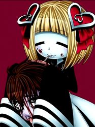 Rule 34 | 1girl, attraction-m (lolo), blood, creepy, drinking straw, closed eyes, guro, magical girl, magical girl apocalypse, mahou shoujo of the end, severed head, short hair, smile, very long sleeves