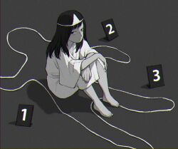 Rule 34 | 1girl, arms on knees, barefoot, body markings, chalk outline, chromatic aberration, closed mouth, commentary request, evidence markers, expressionless, film grain, from above, full body, japanese clothes, kimono, knees up, long hair, looking at viewer, monochrome, original, right-over-left kimono, shiroshouzoku, shokugyo, sideways glance, simple background, sitting, solo, triangular headpiece