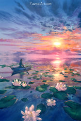 Rule 34 | 1girl, boat, cloud, commentary, english commentary, facing away, flower, from behind, highres, lily pad, lotus, oar, original, ripples, sky, solo, sunset, third-party source, water, watercraft, watermark, web address, yuumei