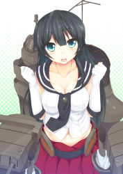 Rule 34 | 10s, 1girl, agano (kancolle), black hair, blue eyes, breasts, cleavage, clenched hands, east01 06, elbow gloves, gloves, highres, kantai collection, large breasts, long hair, looking at viewer, machinery, midriff, navel, pleated skirt, school uniform, serafuku, skirt, solo, white gloves