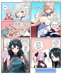 Rule 34 | 6+girls, absurdres, alternate costume, arknights, azur lane, black hair, blue archive, blue eyes, blue hair, blue ribbon, breasts, china dress, chinese clothes, cleavage, cleavage cutout, clothing cutout, commentary, crossover, dragon horns, dress, dusk (arknights), english commentary, fate/grand order, fate (series), glasses, gloves, green dress, green hair, hair over one eye, hair ribbon, halo, hamakaze (kancolle), highres, horns, kantai collection, karin (blue archive), lap pillow, large breasts, long hair, mash kyrielight, multicolored hair, multiple girls, musical note, myown, narmaya (granblue fantasy), open mouth, pink hair, pointy ears, purple hair, red eyes, ribbon, streaked hair, tb (azur lane), trait connection, two-tone hair, white dress, white gloves, white hair