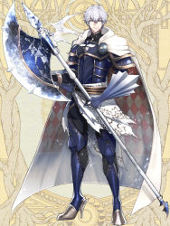Rule 34 | 1boy, argyle cape, argyle clothes, armor, axe, cape, dairoku ryouhei, full body, gauntlets, gloves, grey eyes, hair between eyes, high heels, holding, holding axe, looking at viewer, male focus, morino bambi, simple background, solo, standing, weapon, white cape, white hair