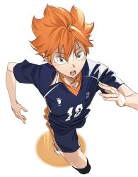 Rule 34 | 1boy, absurdres, black shirt, black shorts, collared shirt, commentary, english commentary, haikyuu!!, hands up, highres, hinata shouyou, karasuno volleyball uniform, knee pads, lewdrawings, male focus, open mouth, orange eyes, orange hair, running, sanpaku, shirt, shoes, short hair, short sleeves, shorts, simple background, sneakers, solo, sportswear, sweat, volleyball uniform, white background, white footwear
