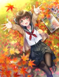 Rule 34 | 1girl, amagi shino, autumn, autumn leaves, beige cardigan, black pantyhose, black skirt, blurry, blurry foreground, brown footwear, brown hair, cardigan, green eyes, hair between eyes, highres, knee up, leaf, loafers, looking at viewer, lying, maple leaf, neckerchief, on back, open cardigan, open clothes, open mouth, original, outstretched arms, outstretched hand, paint, paintbrush, painting (action), pantyhose, pleated skirt, red neckerchief, sailor collar, school uniform, serafuku, shirt, shoes, short hair, signature, sketchbook, skirt, smile, solo, white shirt