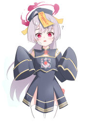 Rule 34 | 1girl, absurdres, black hat, blue archive, blush, grey hair, halo, hat, highres, jiangshi costume, long hair, moepu., ofuda, open mouth, red eyes, red halo, shuro (blue archive), simple background, solo, white background