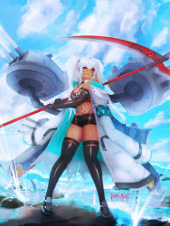 Rule 34 | 1girl, absurdres, alabama (azur lane), artillery, artist name, azur lane, black footwear, black gloves, black shorts, black thighhighs, blue sky, breasts, coat, day, elbow gloves, facial tattoo, full body, gloves, highres, holding, holding scythe, large breasts, long hair, micro shorts, open clothes, open coat, red eyes, rideth mochi, rigging, scythe, shoes, shorts, skindentation, sky, sneakers, solo, tan, tattoo, thighhighs, turret, twintails, unzipped, water, white coat, white hair