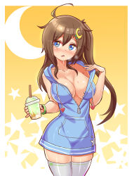Rule 34 | 1girl, ahoge, blue eyes, blue hoodie, blush, bracelet, breasts, brown hair, commentary, cougar (cougar1404), cowboy shot, crescent, crescent hair ornament, cup, disposable cup, drawstring, grey thighhighs, hair ornament, holding, holding cup, hood, hood down, hoodie, hoodie pull, hoshigami yuechee, indie virtual youtuber, jewelry, large breasts, light frown, long hair, long hoodie, looking at viewer, no bra, open mouth, sleeveless, sleeveless hoodie, solo, standing, star (symbol), starry background, sweat, textless version, thighhighs, unzipped, virtual youtuber, yellow background