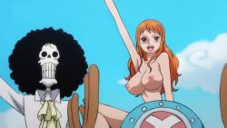Rule 34 | 1girl, brook (one piece), exhibitionism, highres, nami (one piece), nipples, nude, nude filter, one piece, open mouth, orange hair, public indecency, sitting, standing, third-party edit, topless, upper body
