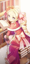 Rule 34 | 10s, 1girl, 4b, beatrice (re:zero), blonde hair, book, bow, butterfly-shaped pupils, capelet, drill hair, from above, from behind, fur-trimmed capelet, fur trim, hair bow, holding, lens flare, long hair, looking at viewer, open book, open mouth, pantyhose, pink bow, re:zero kara hajimeru isekai seikatsu, red capelet, sitting, solo, striped bow, striped clothes, striped pantyhose, symbol-shaped pupils, twin drills