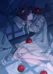 Rule 34 | 1girl, apple, barefoot, black hair, character request, check copyright, copyright request, dark room, doll, doll joints, dress, expressionless, food, fruit, highres, joints, on floor, red eyes, shadow, solo, teizen (niwamaee)