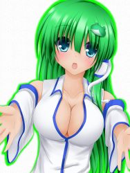 Rule 34 | 1girl, bad id, bad pixiv id, blue eyes, blush, breasts, cleavage, collarbone, detached sleeves, frog hair ornament, gengodou, green hair, hair ornament, highres, incoming hug, kochiya sanae, large breasts, looking at viewer, open mouth, outline, outstretched hand, shirt, snake hair ornament, solo, tapisuke, touhou, upper body, white background