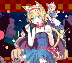 Rule 34 | 2girls, :o, adapted costume, alice margatroid, animal ears, apron, aqua eyes, bare arms, bare shoulders, bell, neck bell, blue dress, blue eyes, blush, boots, bow, capelet, cat, cat ears, cat tail, cloud, cloudy sky, collar, cross-laced footwear, culter, dress, hair bow, hairband, halloween costume, hat, kemonomimi mode, looking at viewer, multiple girls, night, open mouth, paw pose, puffy sleeves, pumpkin, sash, shanghai doll, short sleeves, sitting, sky, sleeveless, sleeveless dress, star (symbol), tail, touhou, waist apron, witch hat