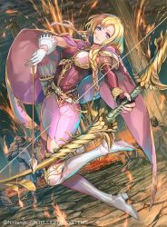 Rule 34 | 1girl, archery, asymmetrical gloves, bisaiiiii, blonde hair, boots, bow (weapon), braid, company name, copyright name, fingerless gloves, fire emblem, fire emblem: the blazing blade, fire emblem cipher, gloves, grin, holding, holding weapon, looking at viewer, louise (fire emblem), lava, nintendo, official art, outdoors, purple eyes, purple gloves, purple thighhighs, quiver, skirt, smile, solo focus, thigh boots, thighhighs, weapon, white footwear, white gloves