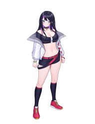 Rule 34 | 1girl, aria schnuffel, belt, black choker, black hair, black socks, black shirt, black shorts, blue eyes, bra strap, breasts, choker, cleavage, collarbone, colored inner hair, crop top, full body, highres, indie virtual youtuber, jacket, kneehighs, large breasts, long hair, long sleeves, looking at viewer, loose belt, micro shorts, midriff, multicolored hair, navel, off-shoulder shirt, off shoulder, open clothes, open jacket, red footwear, shirt, shoes, short shorts, shorts, side slit, simple background, siun, smile, sneakers, socks, solo, standing, stomach, thighs, virtual youtuber, white background, white jacket