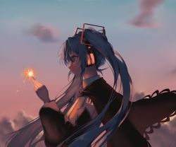 Rule 34 | 1girl, black cloak, black sleeves, blue eyes, blue hair, blue sky, cloak, cloud, collared shirt, commentary request, detached sleeves, fireworks, glowing, hair ornament, hatsune miku, headphones, highres, holding, long hair, long sleeves, looking away, outdoors, parted lips, profile, puffy long sleeves, puffy sleeves, saihate (d3), senkou hanabi, shirt, sky, solo, sparkler, sunset, twintails, upper body, very long hair, vocaloid, white shirt