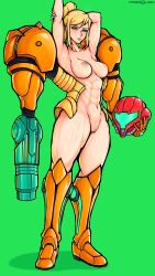 Rule 34 | 1girl, abs, absurdres, armor, armpits, arms behind head, artist name, blonde hair, blue eyes, boots, breasts, breath, cleft of venus, female focus, formal, frealish, green background, helmet, highres, huge filesize, incredibly absurdres, large breasts, looking at viewer, medium hair, metroid, muscular, muscular female, navel, nintendo, nipples, nude, ponytail, power armor, pussy, samus aran, simple background, solo, standing, suit, tareme, thick thighs, thighs, undressing, watermark, weapon