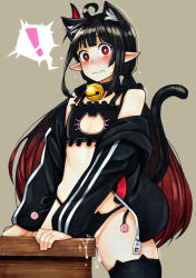 Rule 34 | !, 1girl, absurdres, adultonly, ahoge, animal ears, bad id, bad pixiv id, bell, black hair, black jacket, black legwear, blush, bright pupils, brown background, cat ear panties, cat ears, cat girl, cat lingerie, cat tail, caught, choker, collar, cowboy shot, crotch rub, embarrassed, female masturbation, flat chest, flying sweatdrops, glint, gradient hair, highres, jacket, jingle bell, long hair, looking at viewer, low twintails, masturbation, meme attire, multicolored hair, neck bell, off shoulder, panties, pointy ears, pussy juice, red eyes, red hair, side-tie panties, solo, spoken exclamation mark, sweat, sweater jacket, table humping, tail, twintails, two-tone hair, underwear, very long hair, wavy mouth, white pupils, wide-eyed, zipper