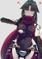 Rule 34 | 1girl, ashino moto, black hair, blush, breasts, fate/grand order, fate (series), highres, joints, katou danzou (fate), large breasts, long hair, looking at viewer, mechanical arms, ponytail, red scarf, robot joints, scarf, sidelocks, single mechanical arm, solo, thighs, yellow eyes